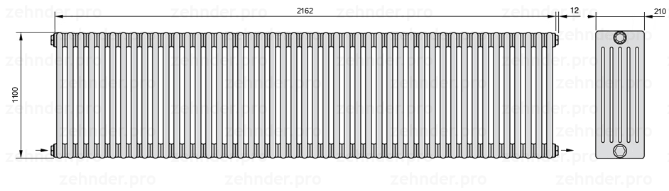 Схема (чертеж) Радиатор Zehnder Charleston 6110/47 №2670 Белый глянцевый RAL 9016
